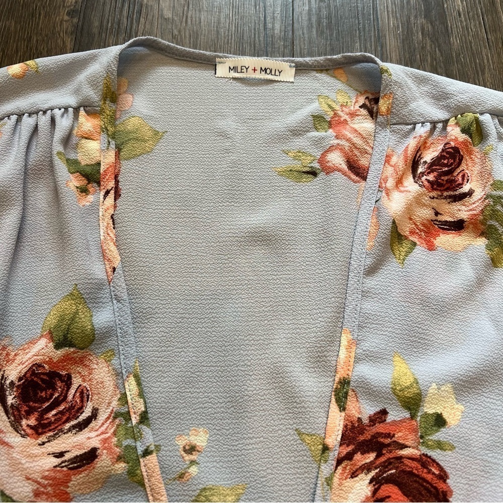 Miley+Molly Floral Blue Peplum Tied up Top Blouse Long Flare Sleeve Summer Y2K S - Picture 7 of 13